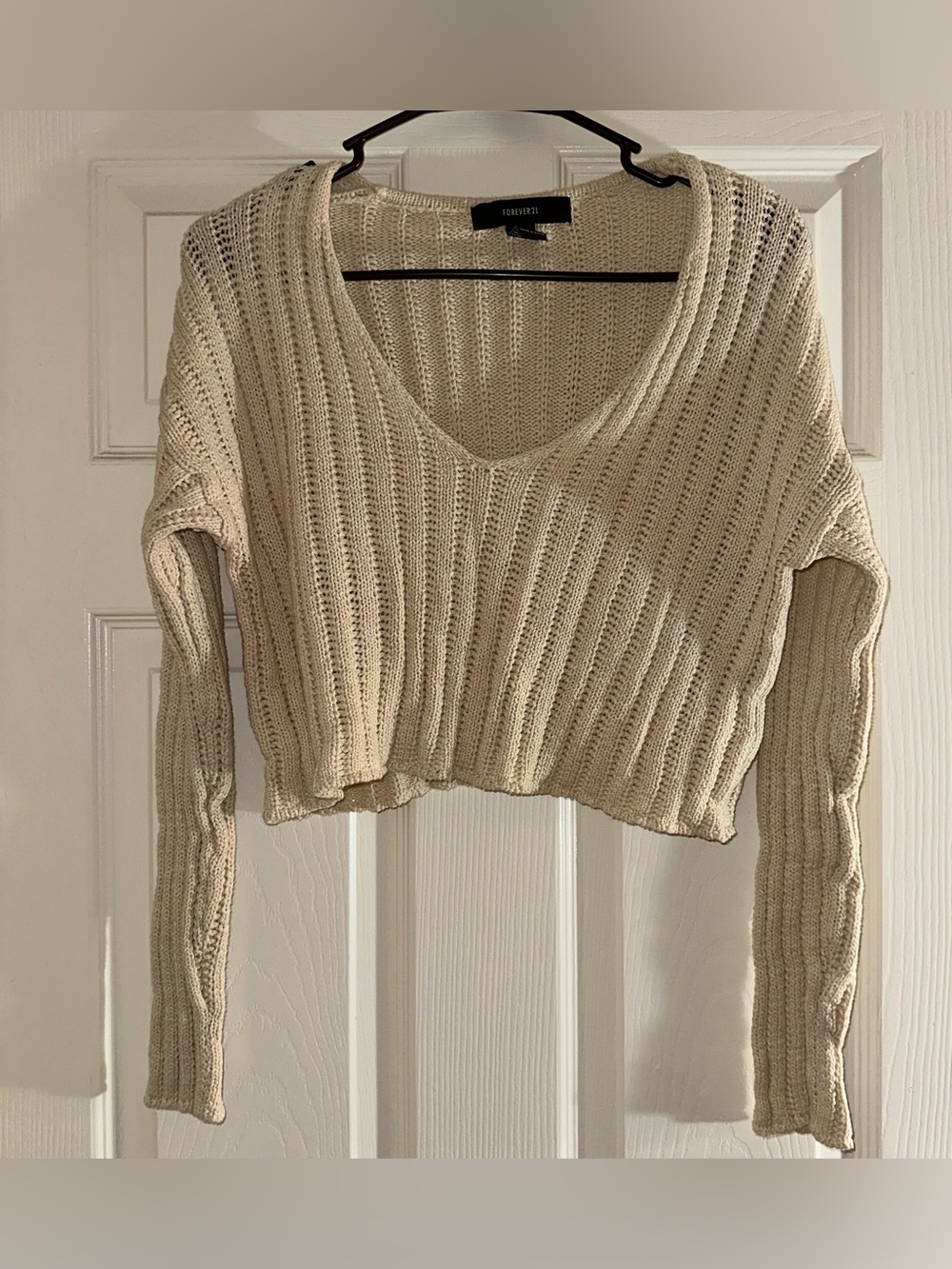 Forever 21 Cream Open-Weave V-Neck Sweater